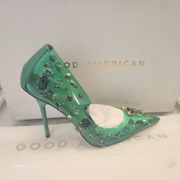 NIB Good American Jeweled Emma Heel Summer Green size 7 - Picture 1 of 8